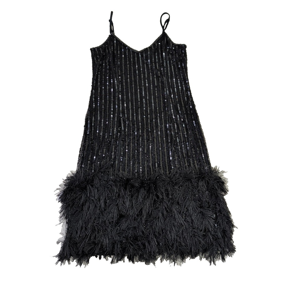 Pisarro‎ Nights Sequin Dress Womens 10 Black Feather Trim Formal Cocktail Party